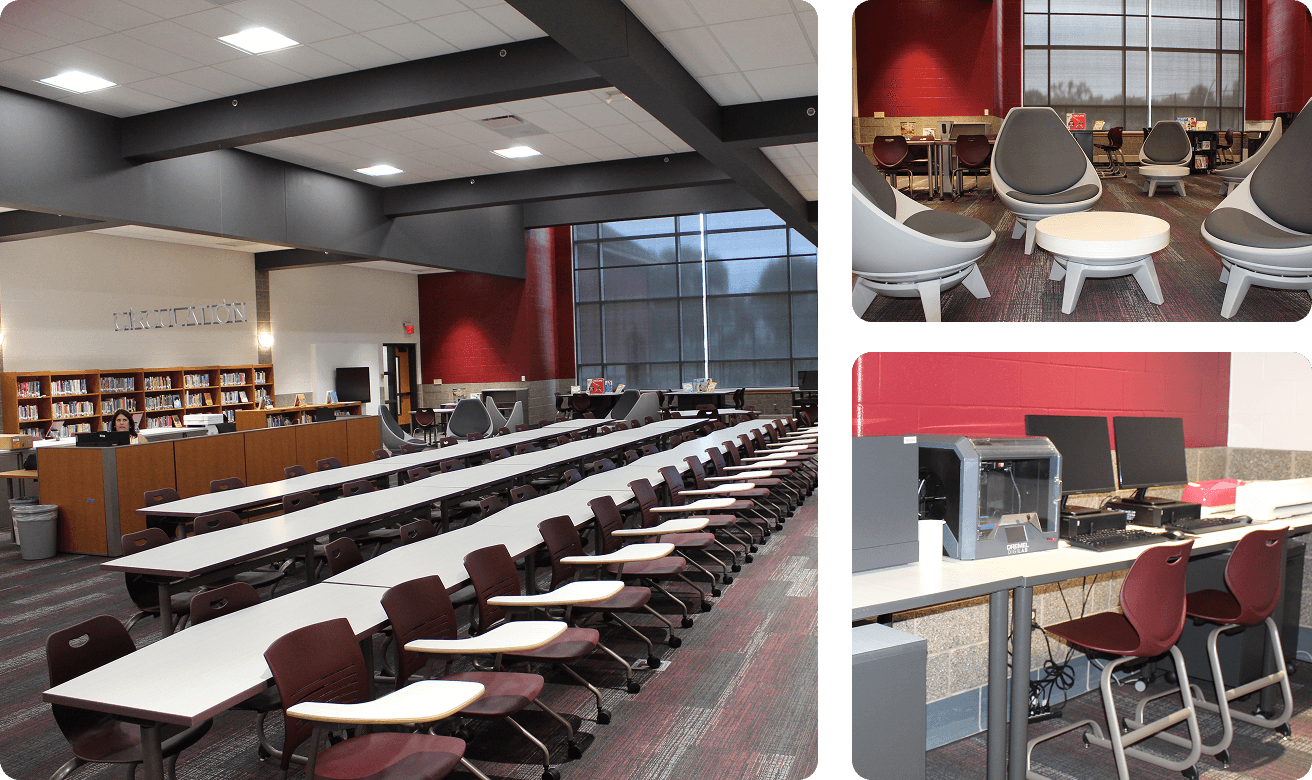 three images of the interior of a media center facility. The tables are long and gray, the chairs are maroon.
